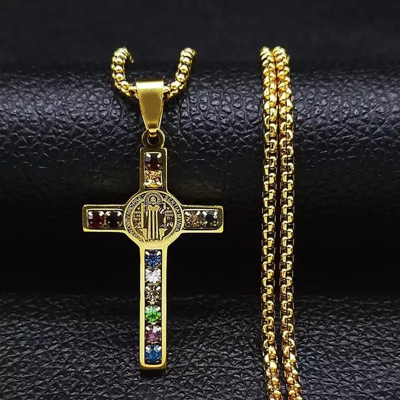 Stainless Steel Crystal Cross Pendant Necklace - Picture 10 of 12